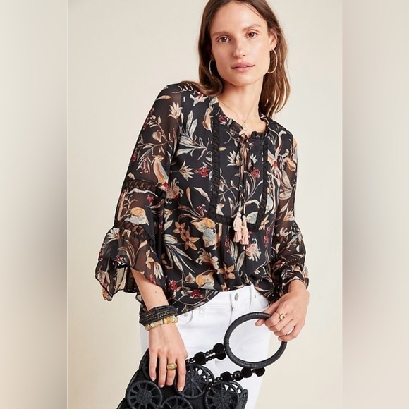 DR2 Floral Bell Sleeve Peasant Blouse Top - Picture 1 of 9